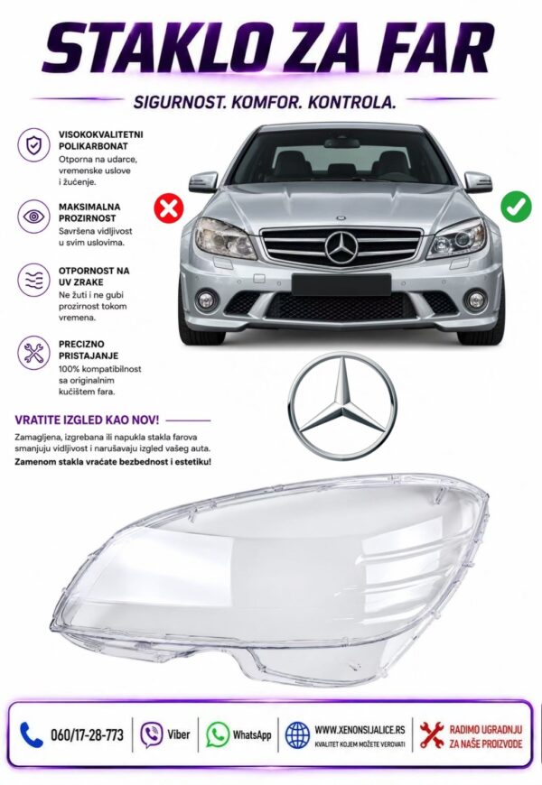 STAKLO FARA MERCEDES C KLASA W204 07-11 STAKLO ZA FAR