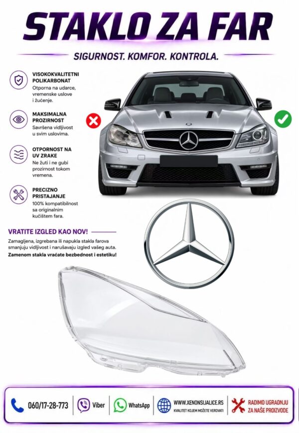STAKLO FARA MERCEDES C KLASA W204 11-14 STAKLO ZA FAR