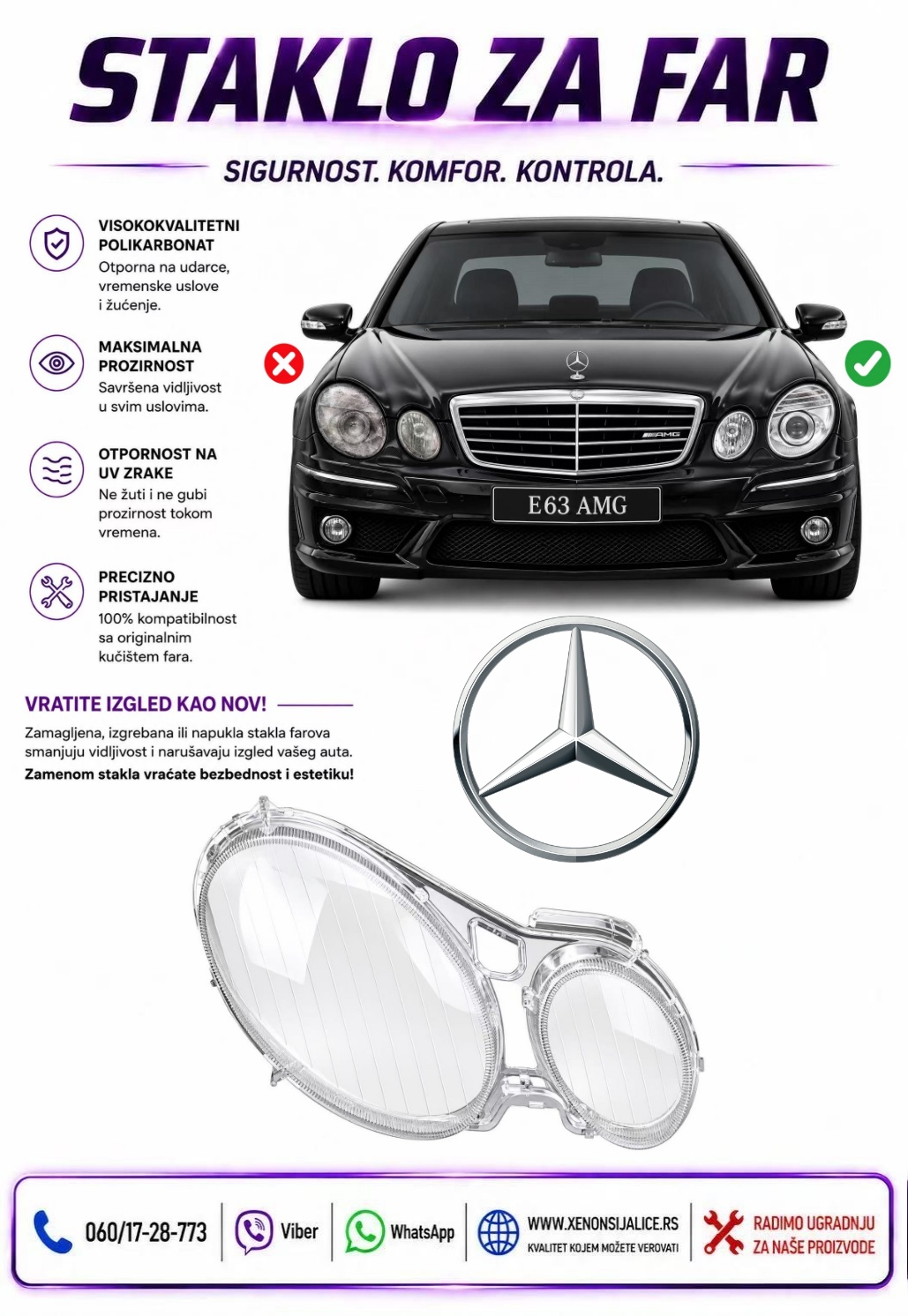 STAKLO FARA MERCEDES E KLASA W211 02-09 STAKLO ZA FAR