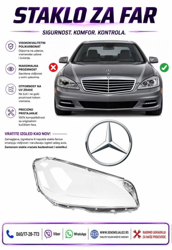 STAKLO FARA MERCEDES S KLASA W221 09-13 STAKLO ZA FAR