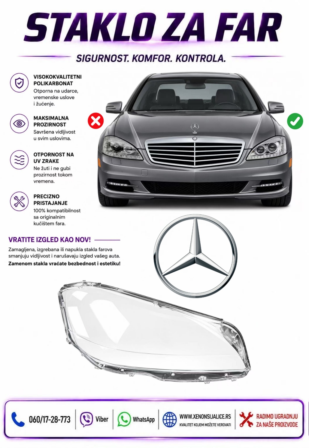STAKLO FARA MERCEDES S KLASA W221 09-13 STAKLO ZA FAR