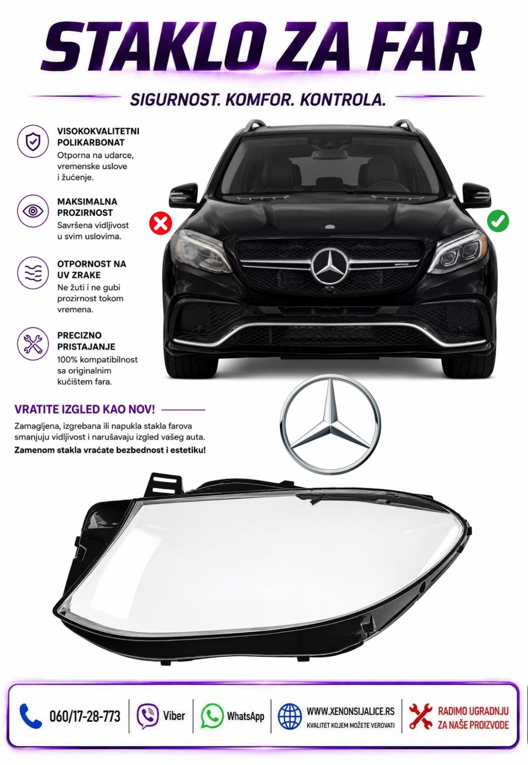 STAKLO FARA MERCEDES GLE KLASA W166 15-18 STAKLO ZA FAR