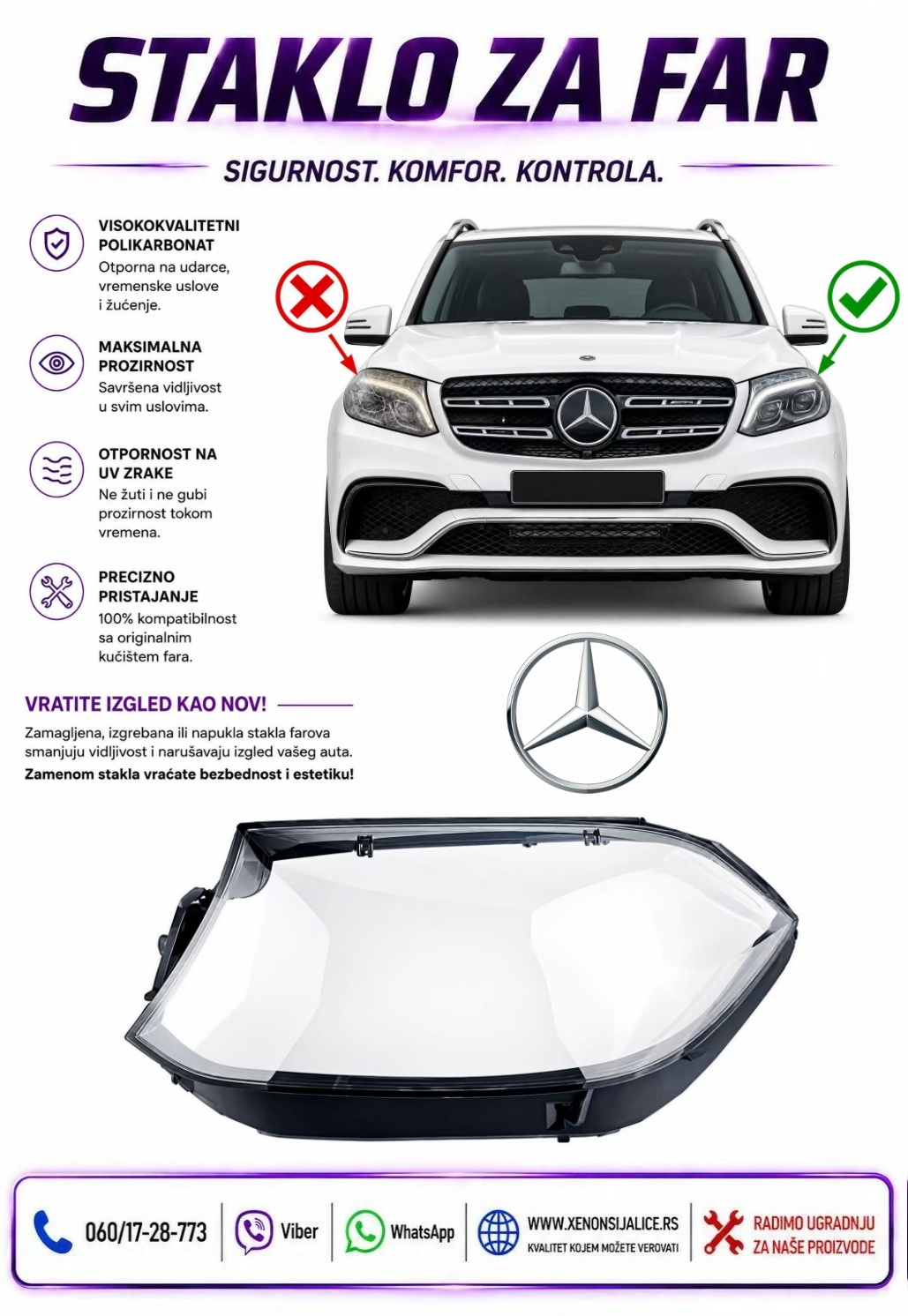 STAKLO FARA MERCEDES GLS KLASA X166 15-19 STAKLO ZA FAR