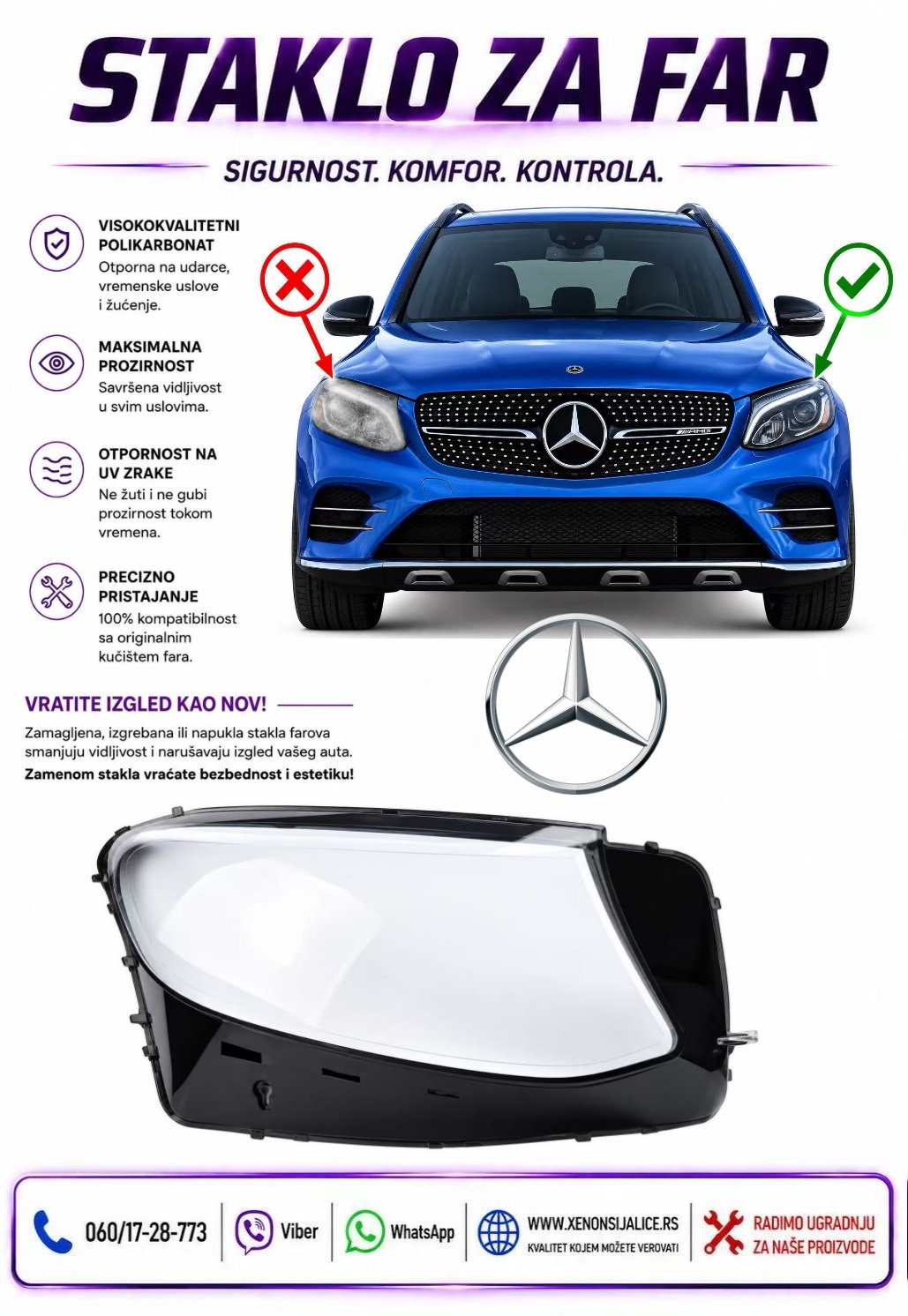 STAKLO FARA MERCEDES GLC KLASA X253/C253 15-19 STAKLO ZA FAR