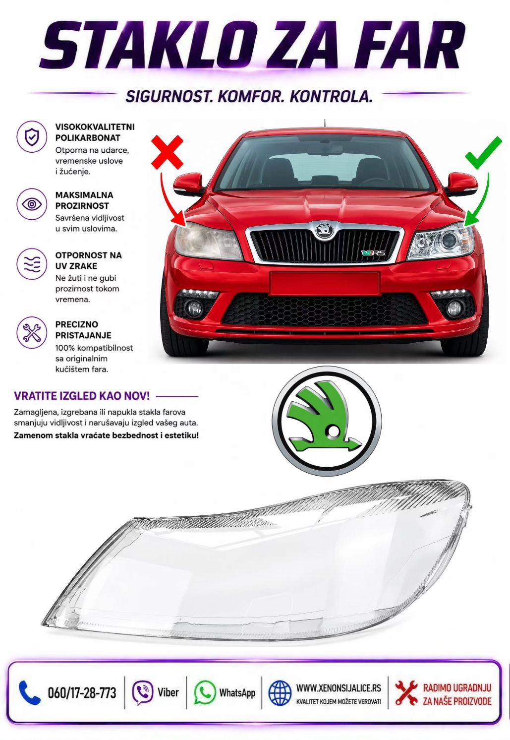 STAKLO FARA SKODA OCTAVIA 09-13 STAKLO ZA FAR