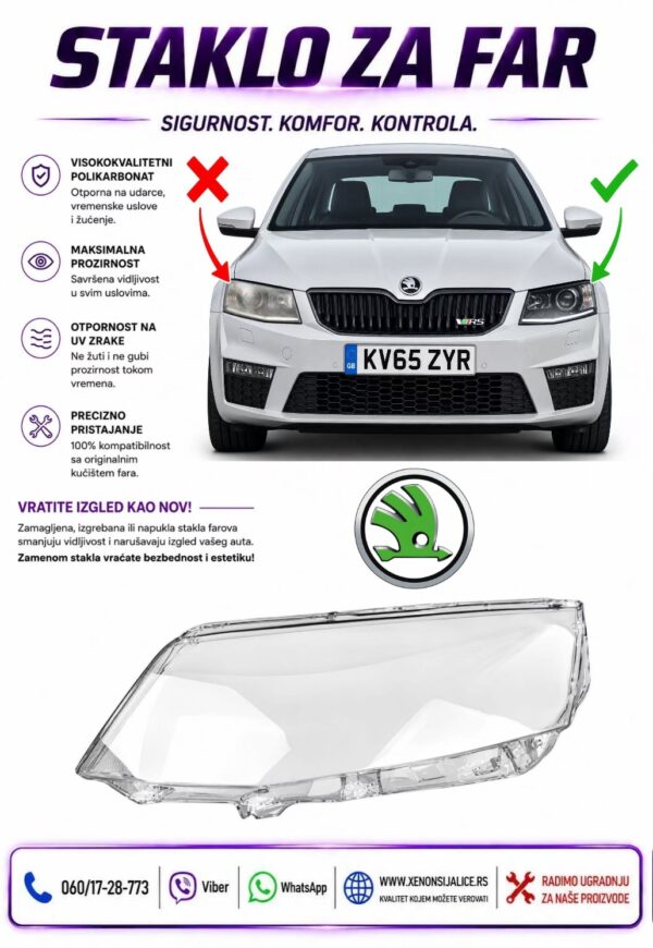 STAKLO FARA SKODA OCTAVIA 13-16 STAKLO ZA FAR