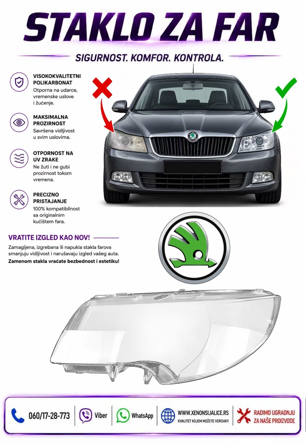 STAKLO FARA SKODA SUPERB 08-13 STAKLO ZA FAR