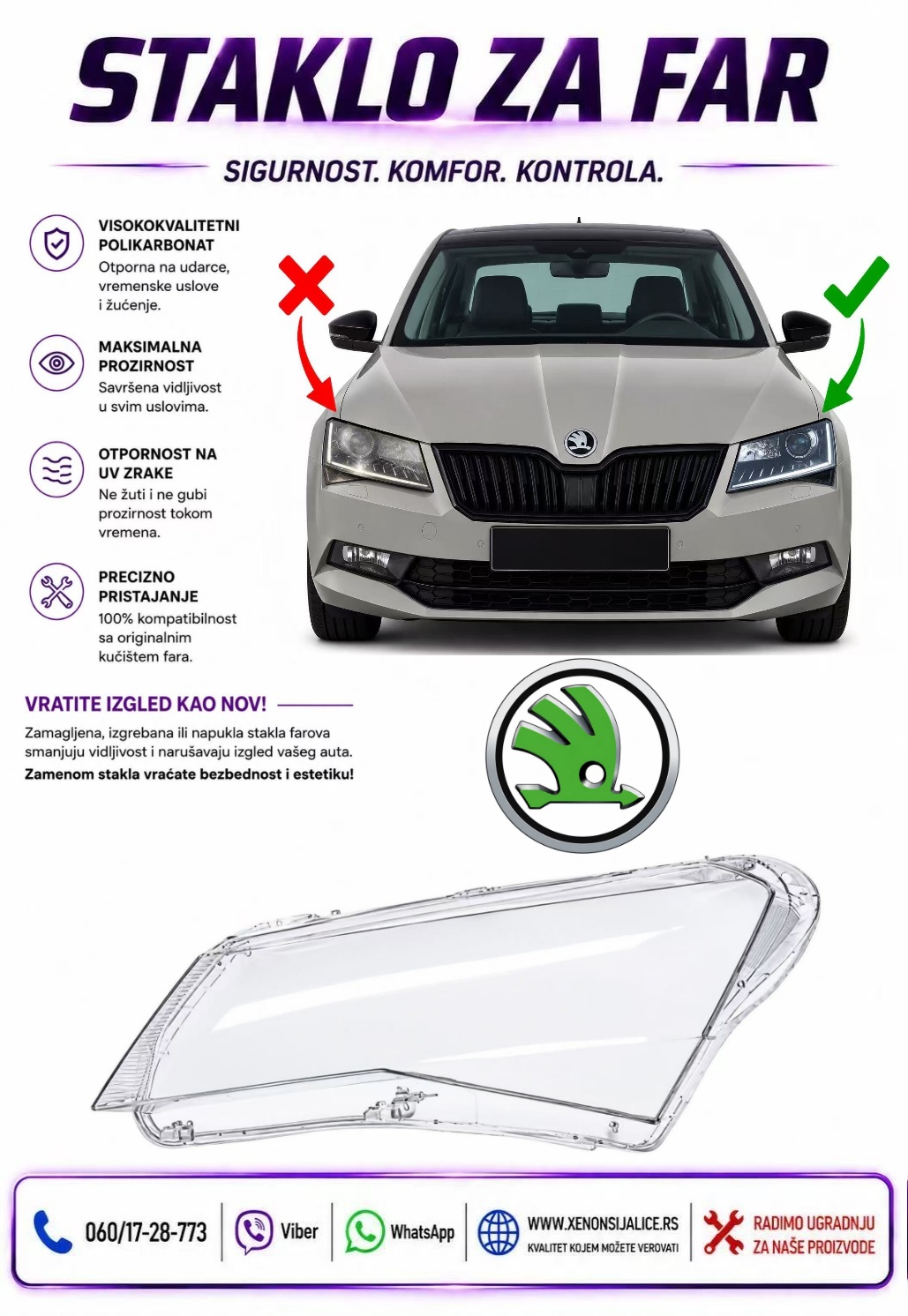 STAKLO FARA SKODA SUPERB 15-19 STAKLO ZA FAR