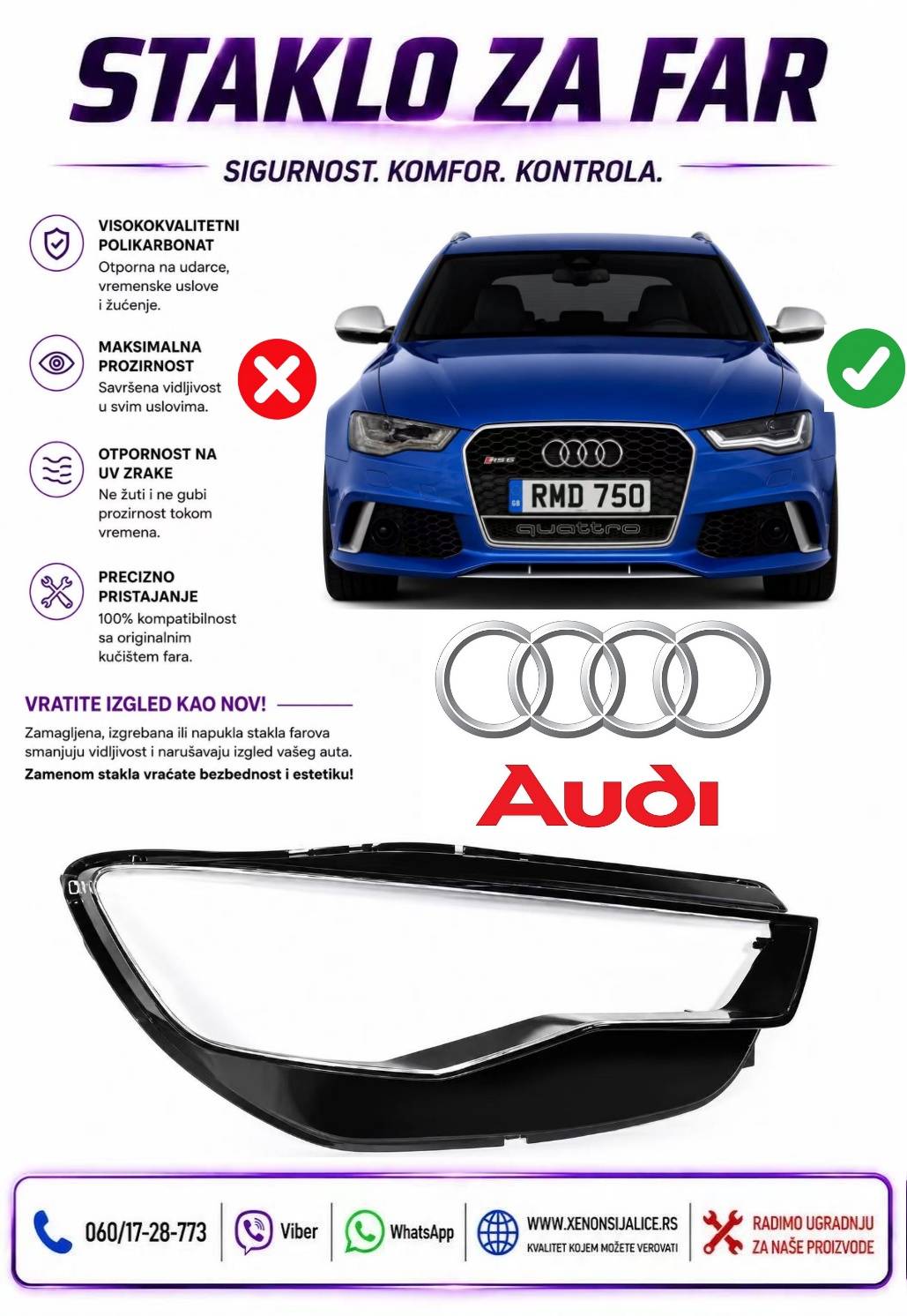 STAKLO FARA AUDI A6 C7 15-18 STAKLO ZA FAR