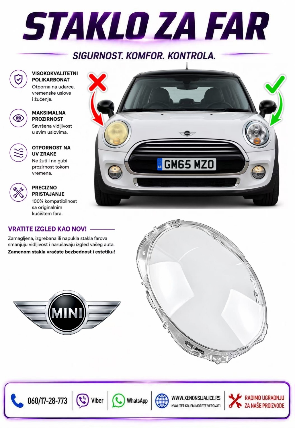 STAKLO FARA MINI MORIS F55 F56 F57 14-18 STAKLO ZA FAR