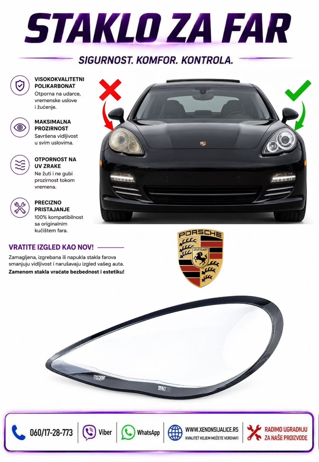 STAKLO FARA PORSCHE PANAMERA CRNI RAM 11-14 STAKLO ZA FAR