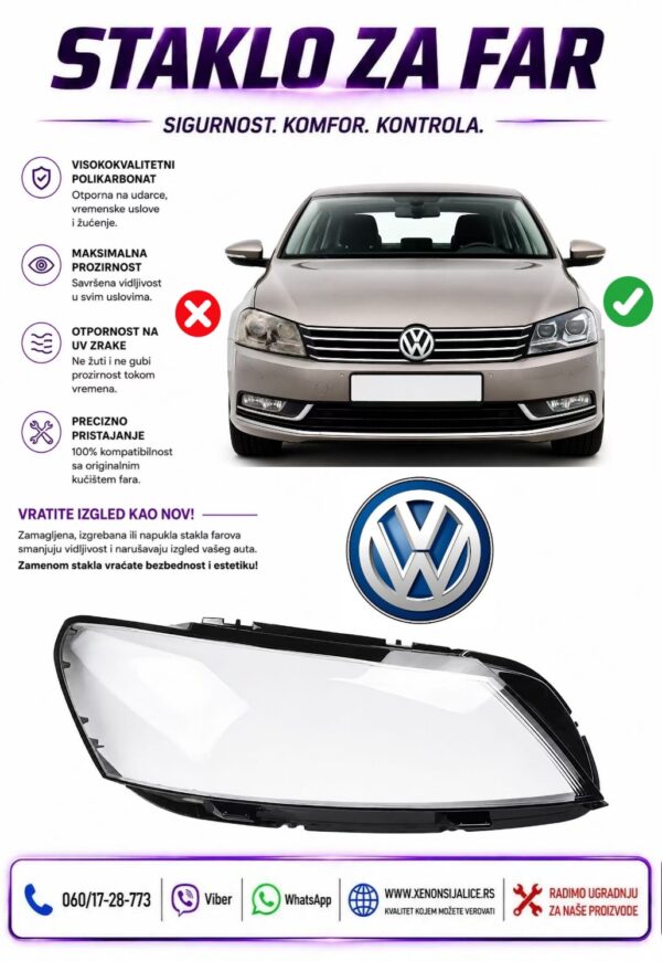 STAKLO FARA VW PASSAT B7 10-15 STAKLO ZA FAR