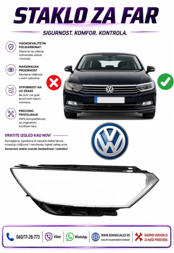 STAKLO FARA VW PASSAT B8 STAKLO ZA FAR