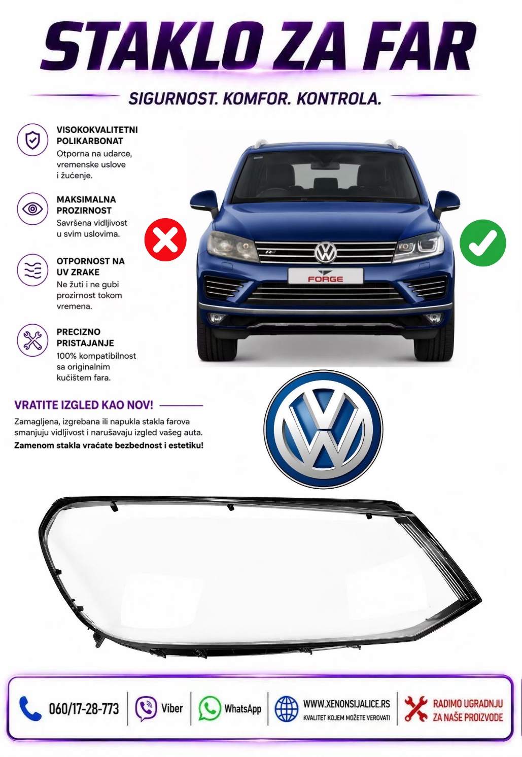 STAKLO FARA VW TOUAREG 11-15 STAKLO ZA FAR