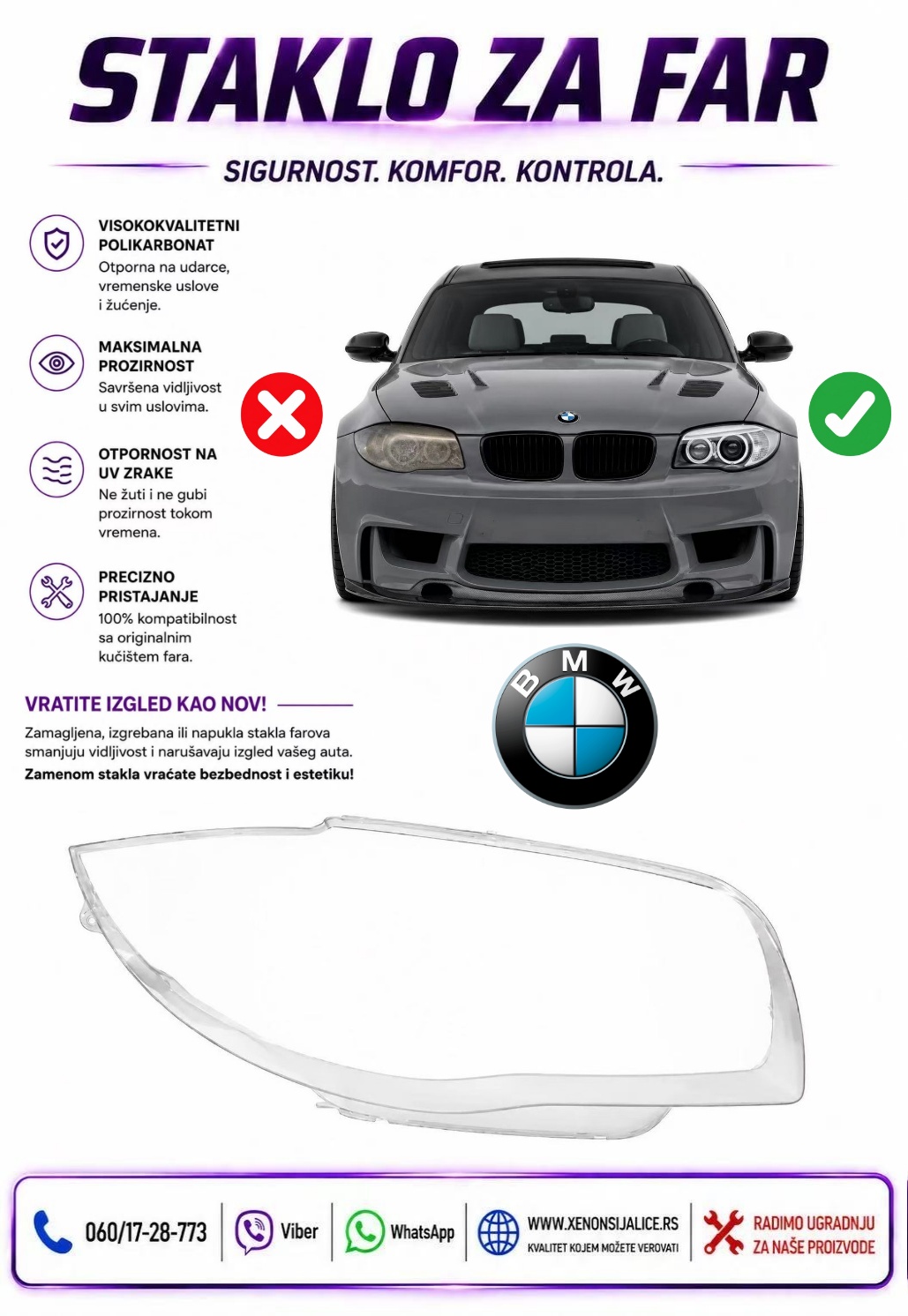 STAKLO FARA BMW 1 E87 07-11 STAKLO ZA FAR
