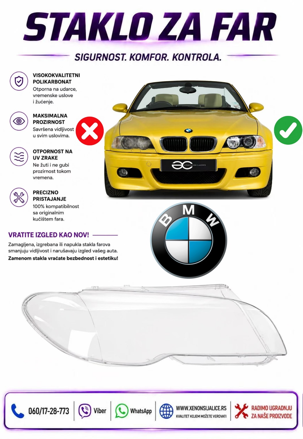 STAKLO FARA BMW 3 E46 00-05 STAKLO ZA FAR