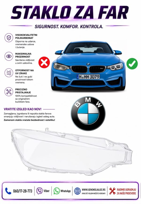 STAKLO FARA BMW 3 F30 11-15 STAKLO ZA FAR