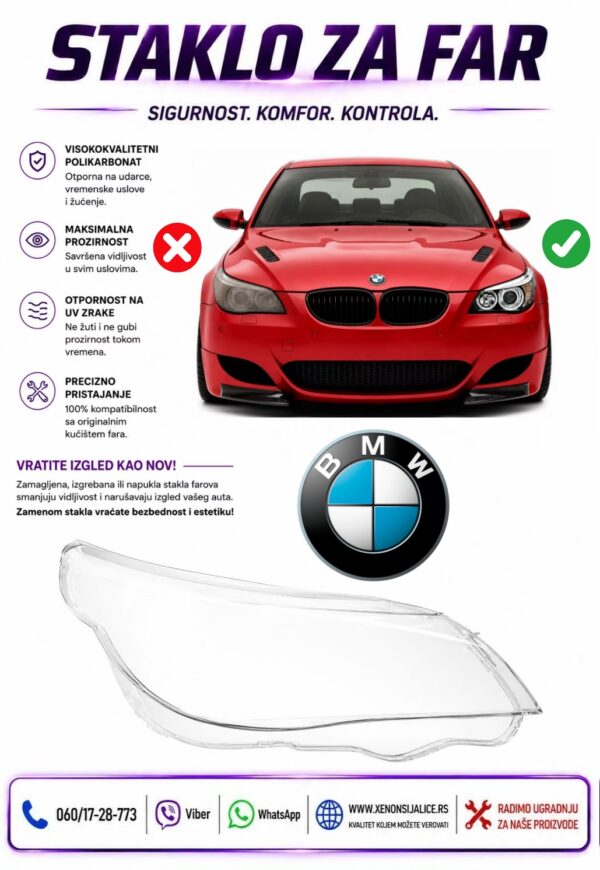 STAKLO FARA BMW 5 E60 03-10 STAKLO ZA FAR