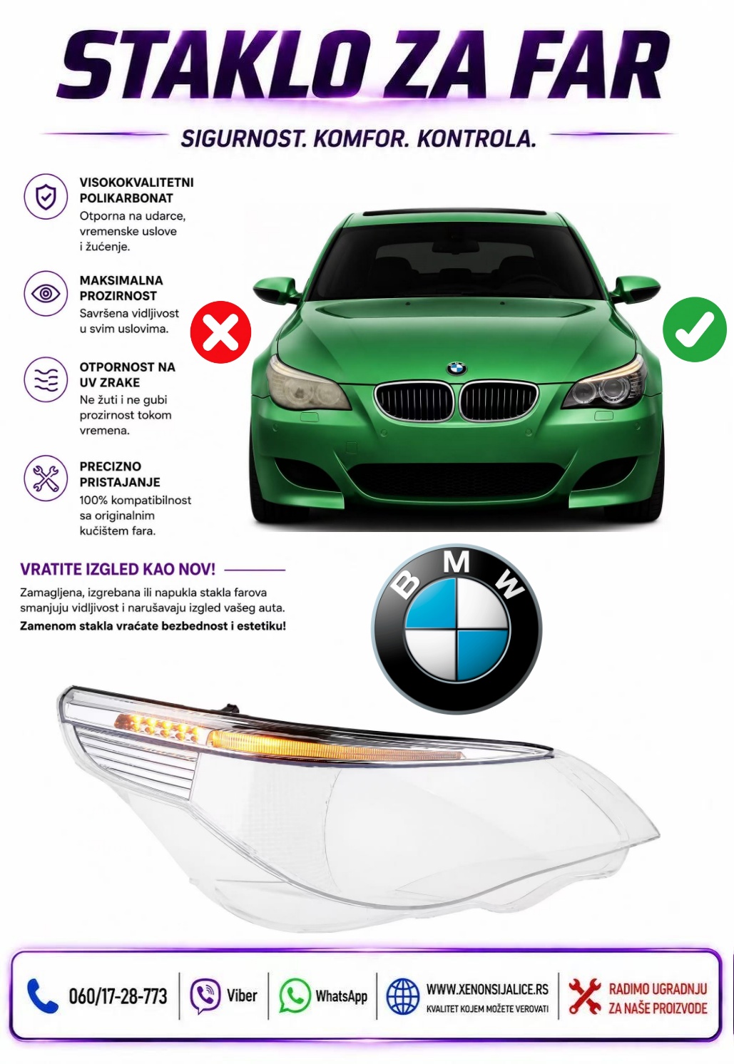STAKLO FARA BMW 5 E60 SA LED POZICIJOM 03-10 STAKLO ZA FAR