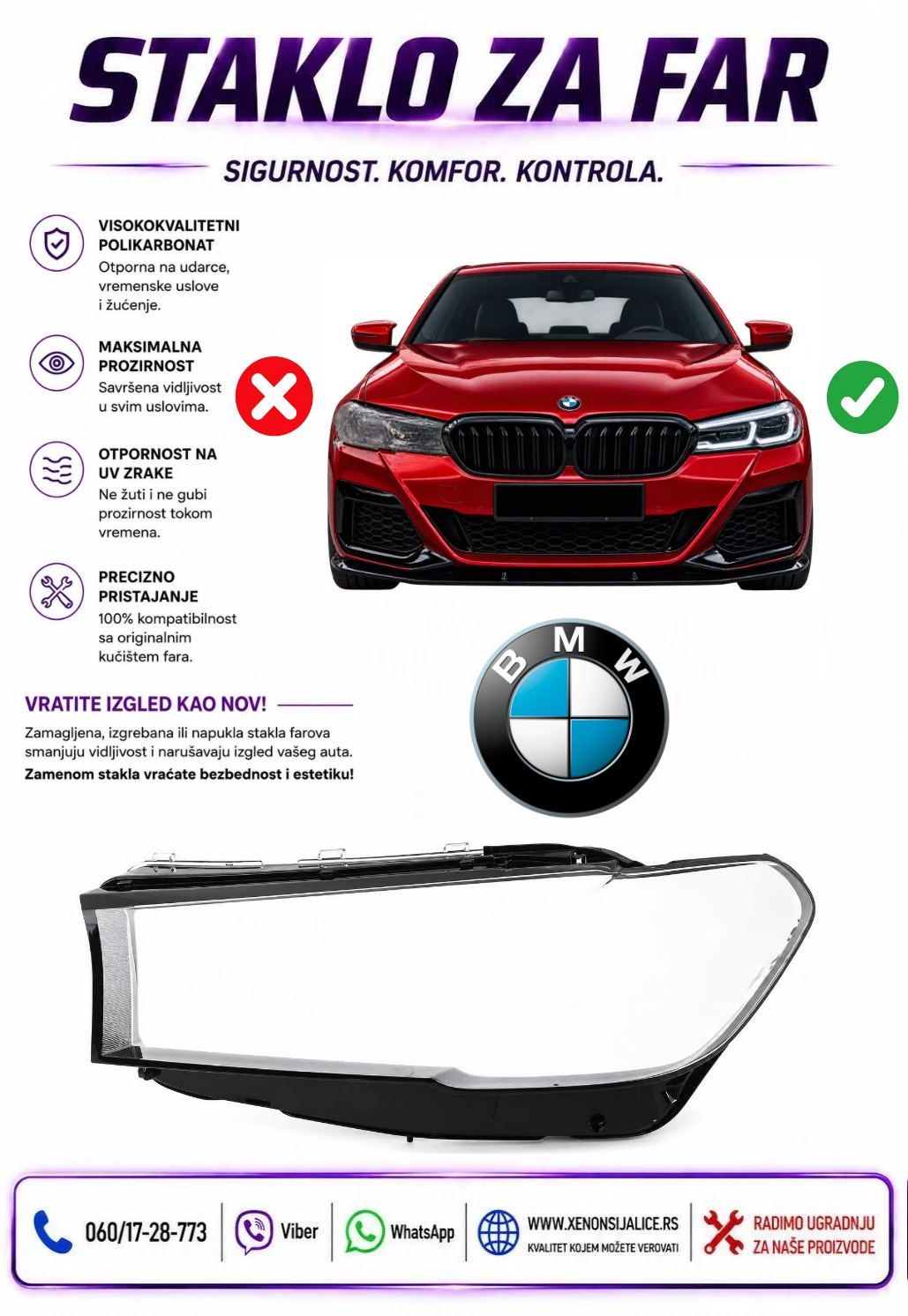 STAKLO FARA BMW 5 G30 LCI 20-23 STAKLO ZA FAR