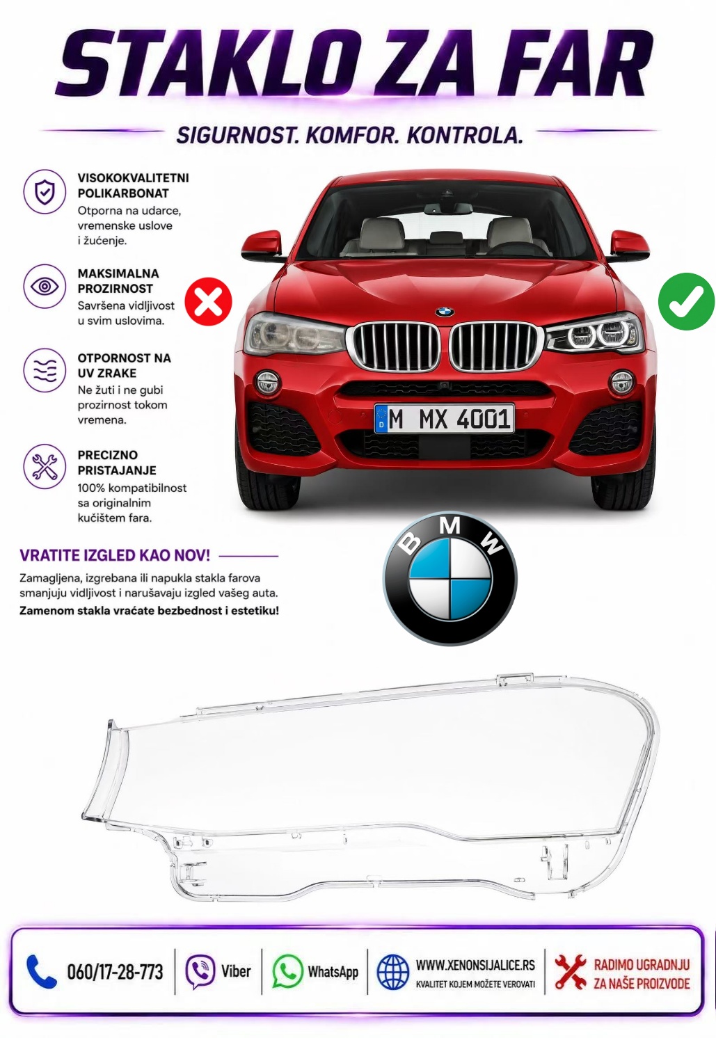 STAKLO FARA BMW X4 F26 14-18 STAKLO ZA FAR