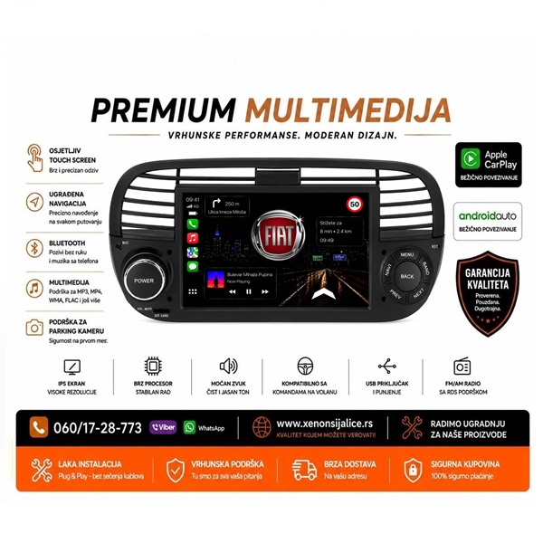 FIAT 500 MULTIMEDIJA ANDROID,CAR PLAY NAVIGACIJA TOUCH SCREEN 7 INCA