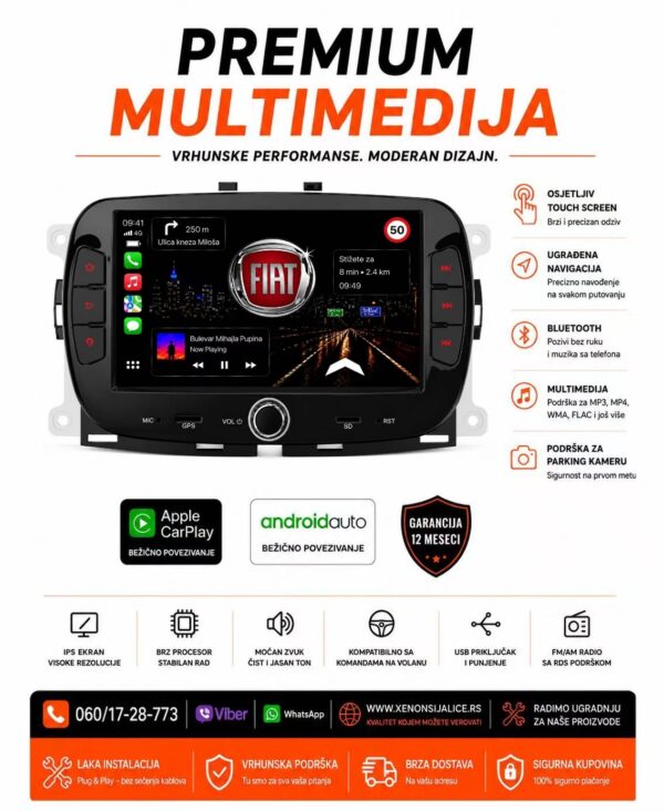 FIAT 500 MULTIMEDIJA ANDROID,CAR PLAY NAVIGACIJA TOUCH SCREEN 7 INCA