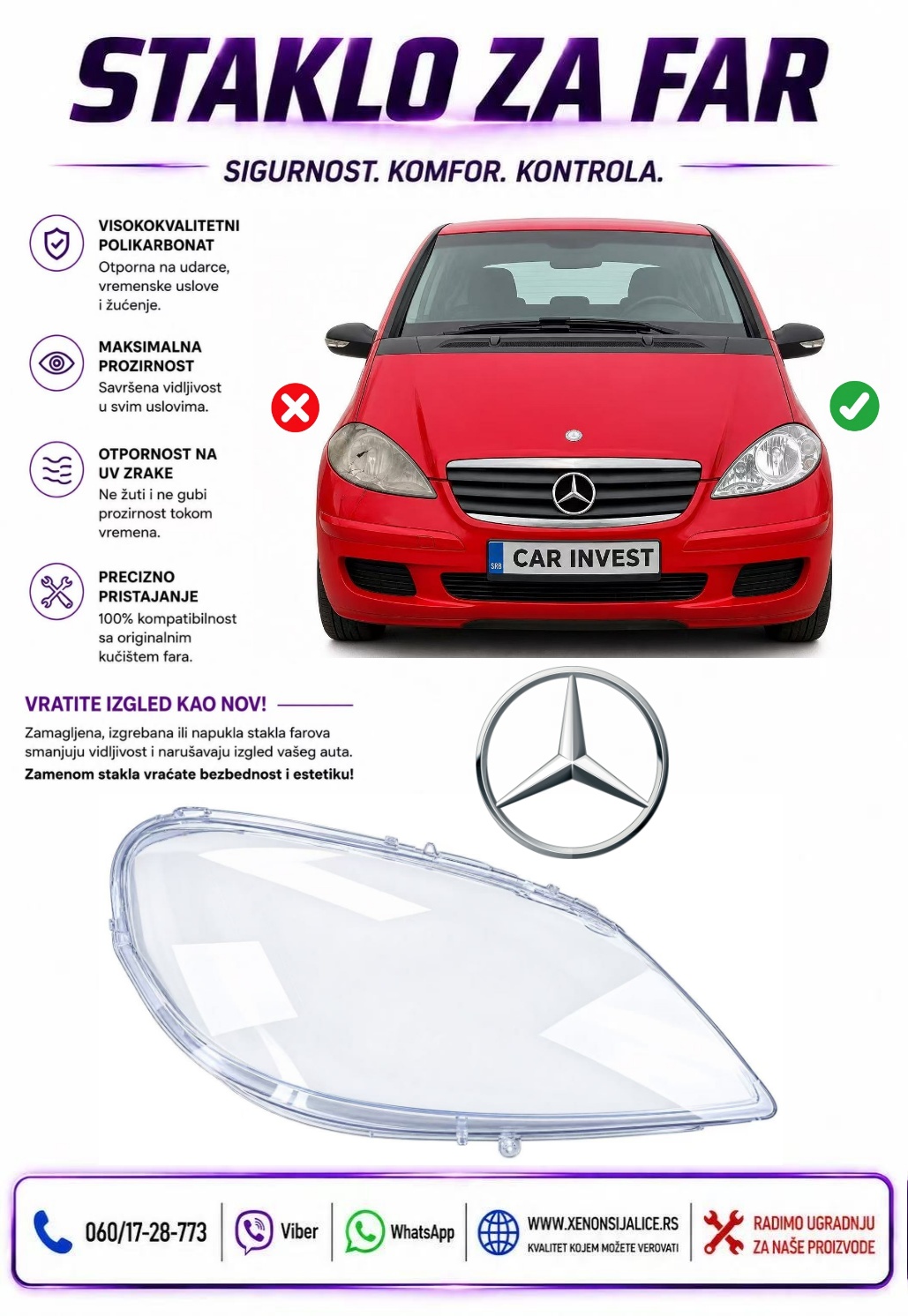 STAKLO FARA MERCEDES A KLASA W169 08-12 STAKLO ZA FAR