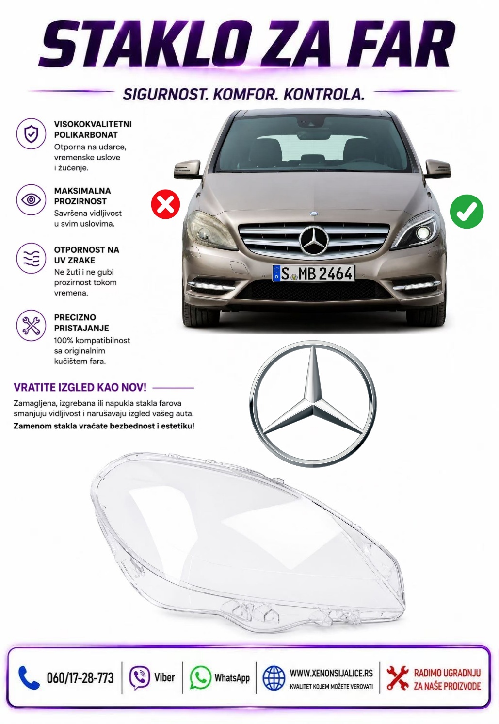 STAKLO FARA MERCEDES B KLASA W246 11-14 STAKLO ZA FAR