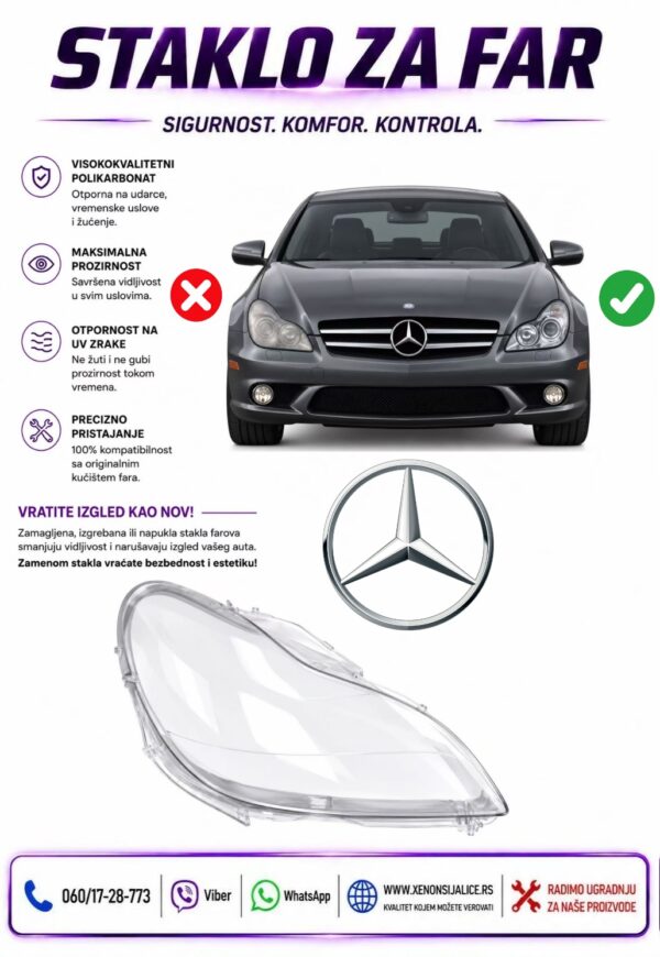 STAKLO FARA MERCEDES CLS KLASA C219 04-11 STAKLO ZA FAR