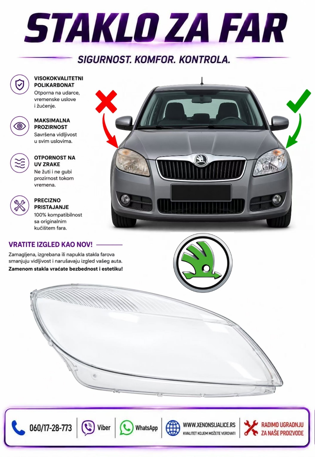 STAKLO FARA SKODA FABIA 10-14 STAKLO ZA FAR