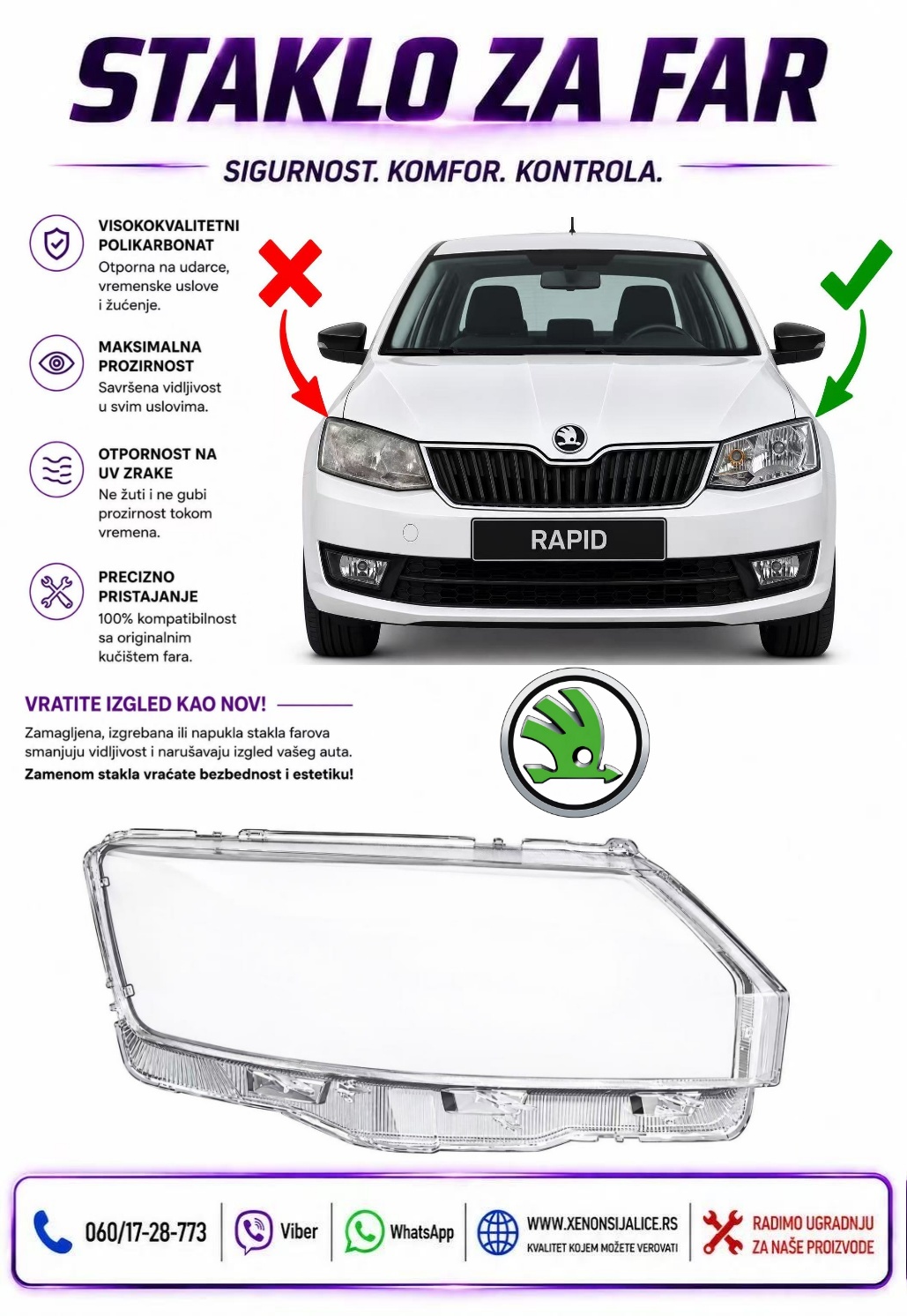 STAKLO FARA SKODA RAPID 12-17 STAKLO ZA FAR