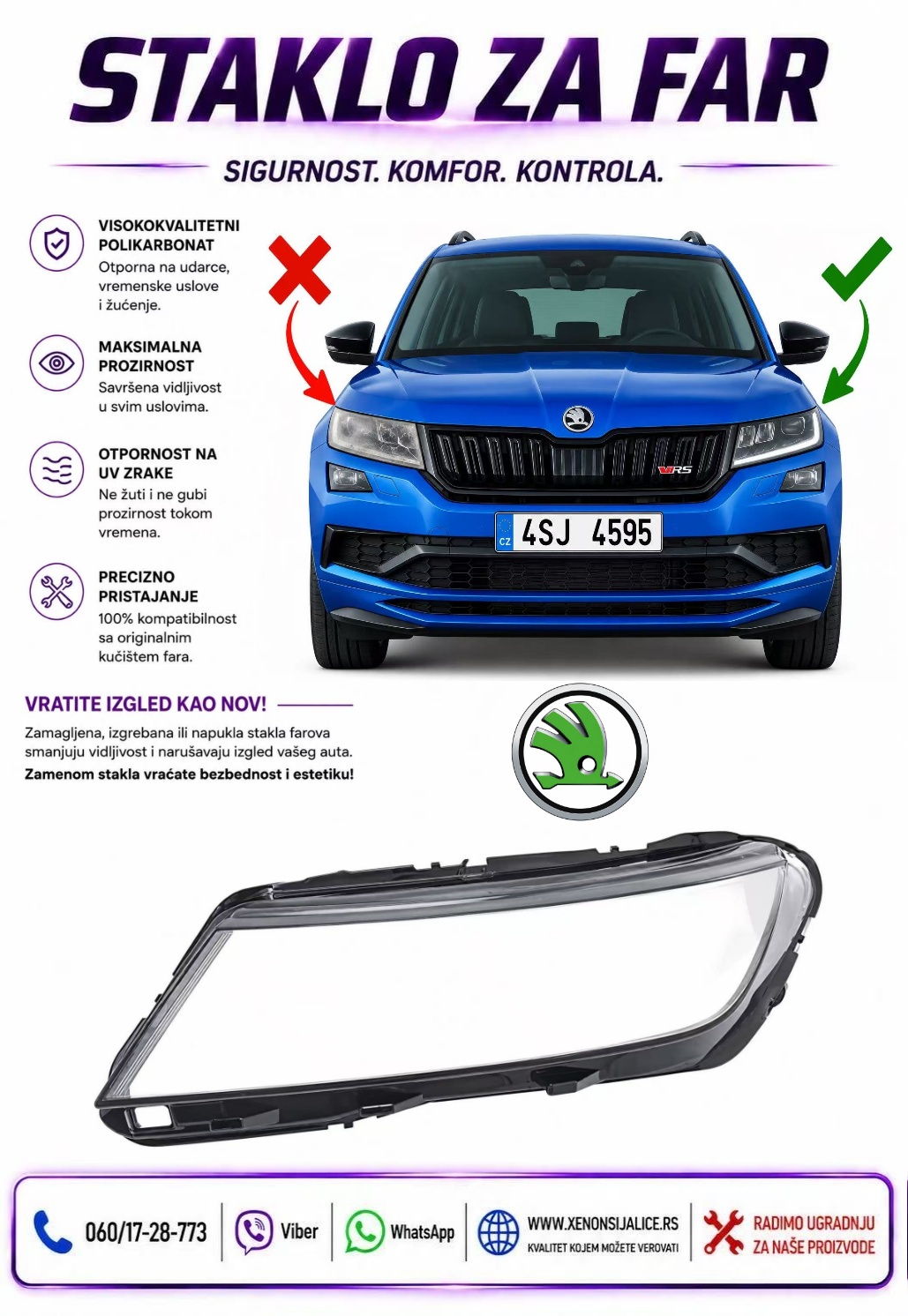 STAKLO FARA SKODA KODIAQ 16-21 STAKLO ZA FAR