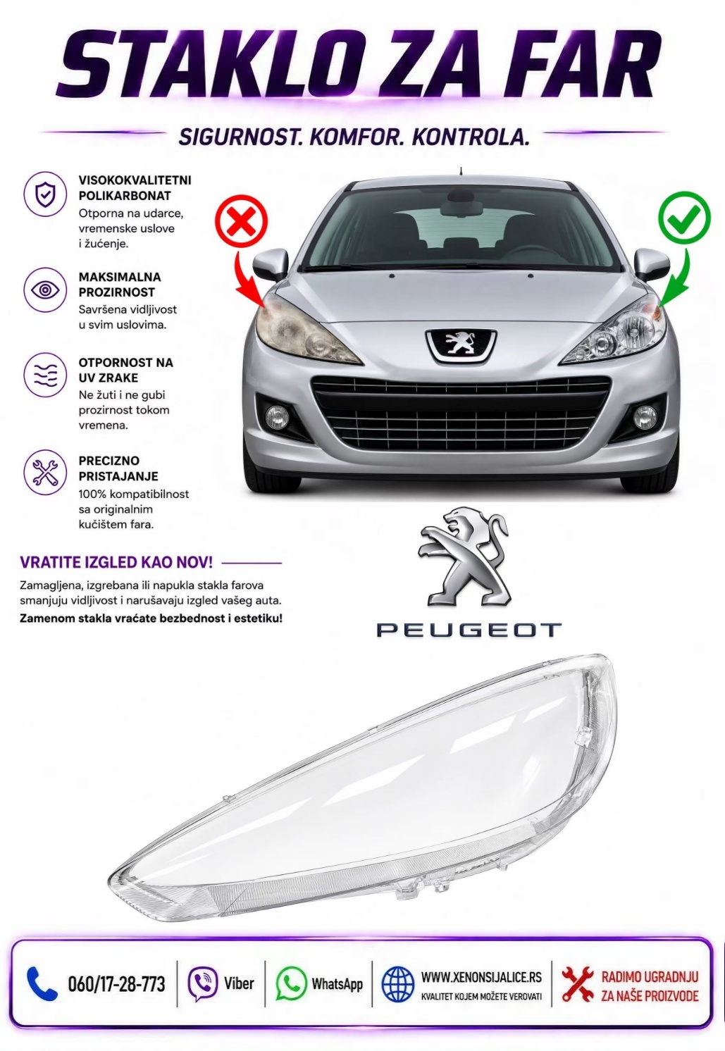STAKLO FARA PEUGEOT 308 11-15 STAKLO ZA FAR