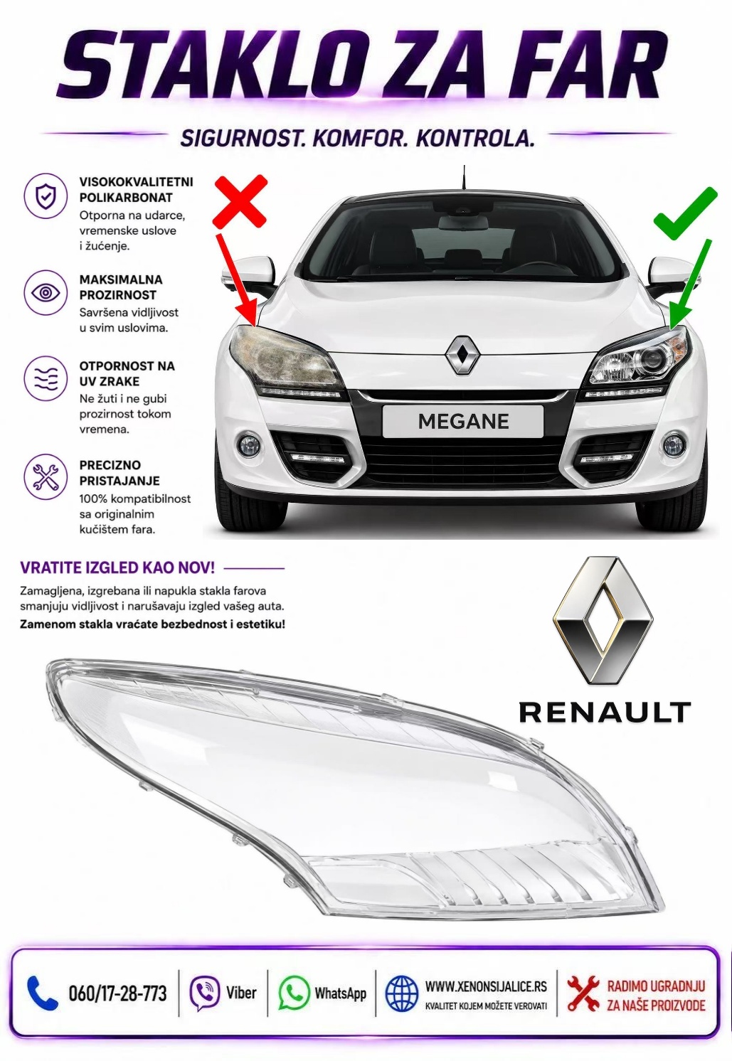 STAKLO FARA RENAULT MEGANE 08-15 STAKLO ZA FAR
