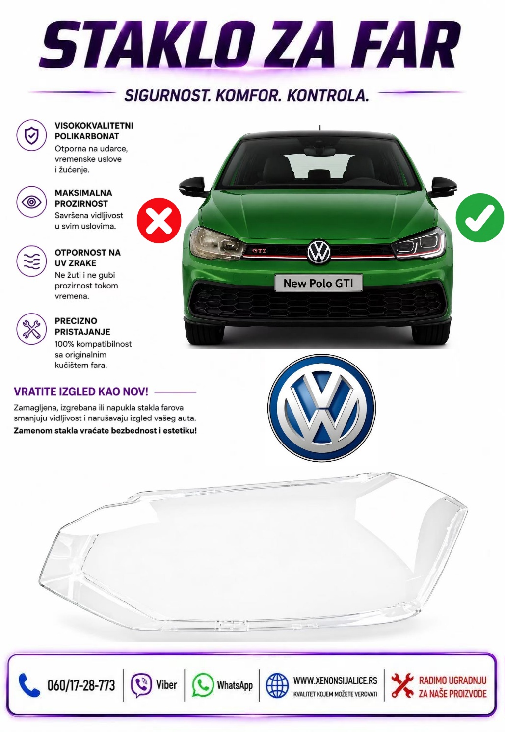 STAKLO FARA VW POLO 19-24 STAKLO ZA FAR