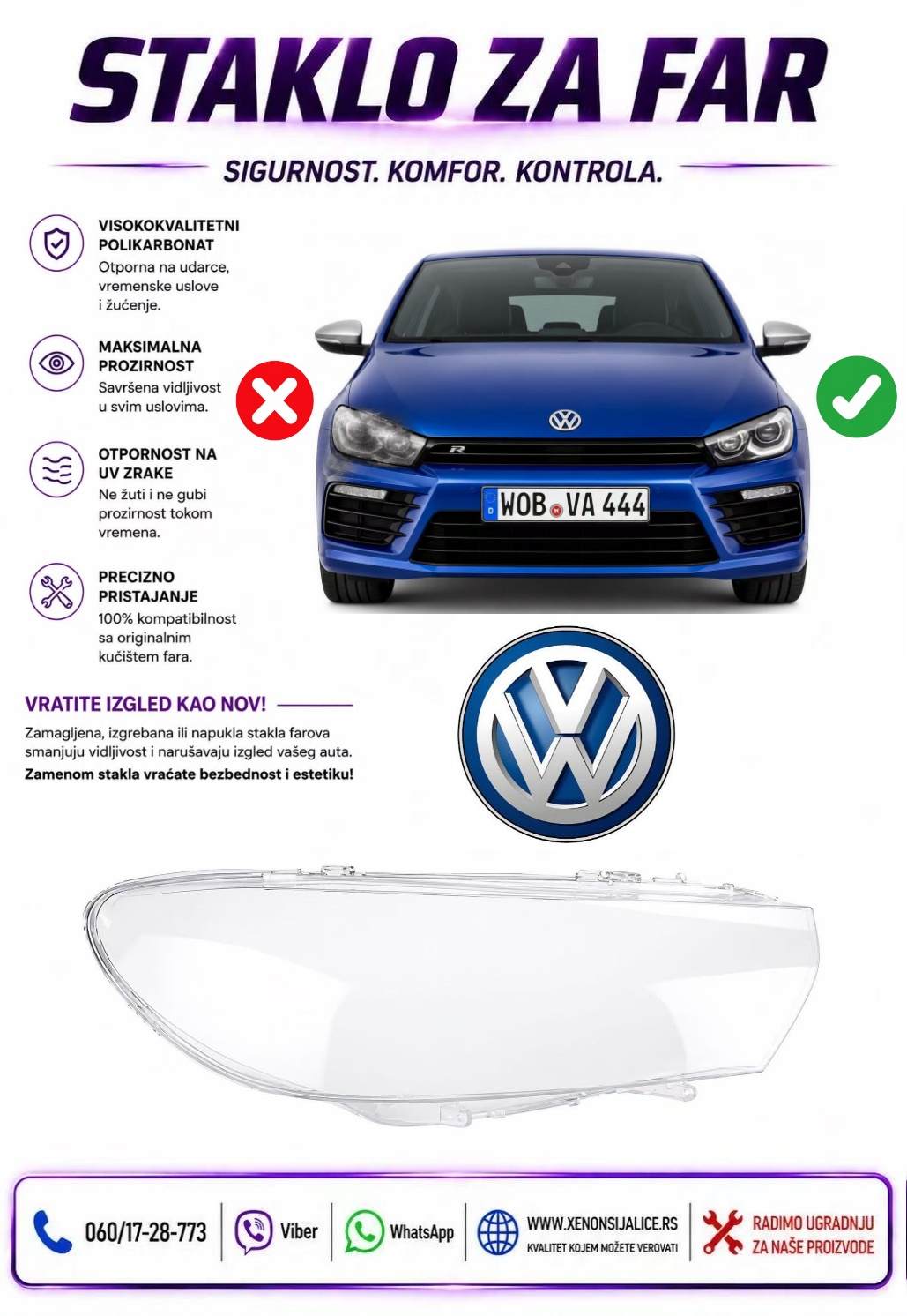STAKLO FARA VW SCIROCCO 06-15 STAKLO ZA FAR