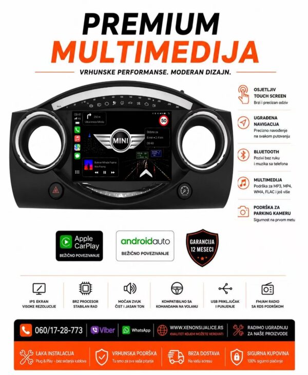 MINI MORIS MULTIMEDIJA ANDROID,CAR PLAY NAVIGACIJA TOUCH SCREEN 10 INCA