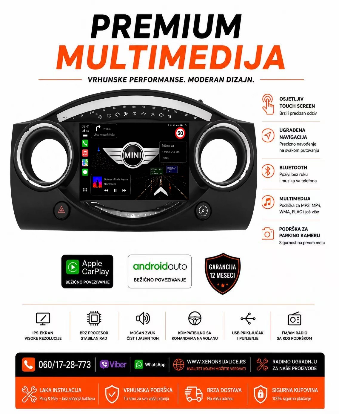 MINI MORIS MULTIMEDIJA ANDROID,CAR PLAY NAVIGACIJA TOUCH SCREEN 10 INCA