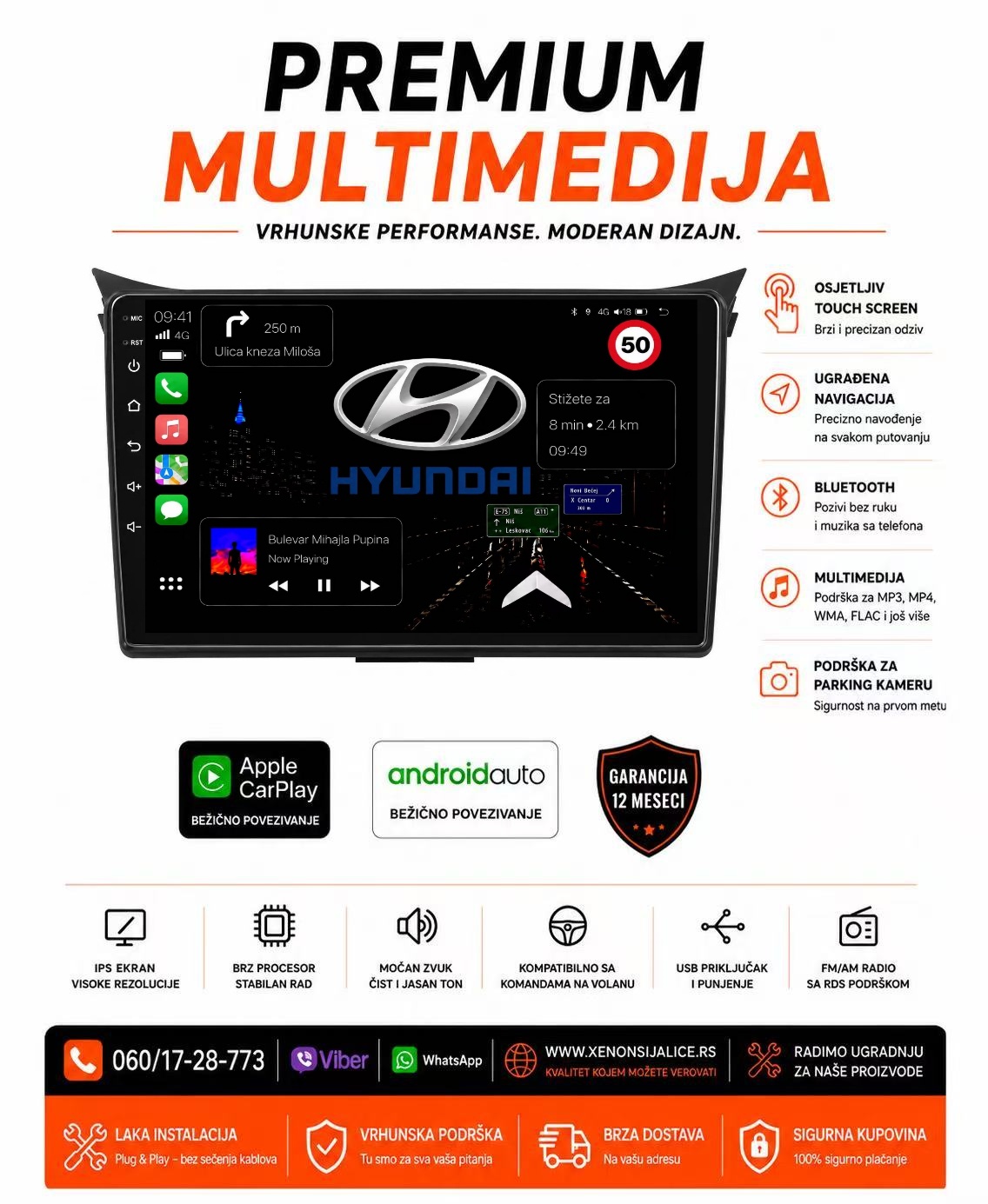 HYUNDAI I30 NOVI TIP MULTIMEDIJA ANDROID,CAR PLAY NAVIGACIJA TOUCH SCREEN 10 INCA