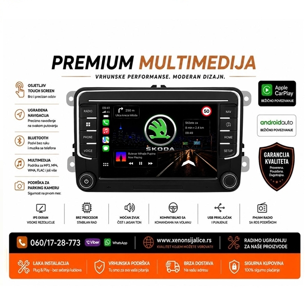 SKODA MULTIMEDIJA ANDROID,CAR PLAY NAVIGACIJA TOUCH SCREEN 7 INCA