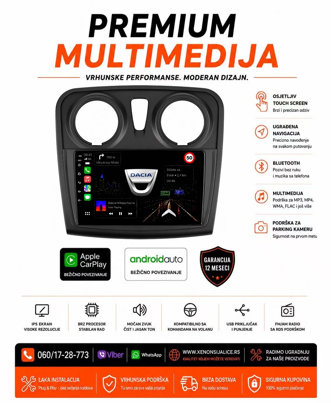 DACIA MULTIMEDIJA ANDROID,CAR PLAY NAVIGACIJA TOUCH SCREEN 10 INCA