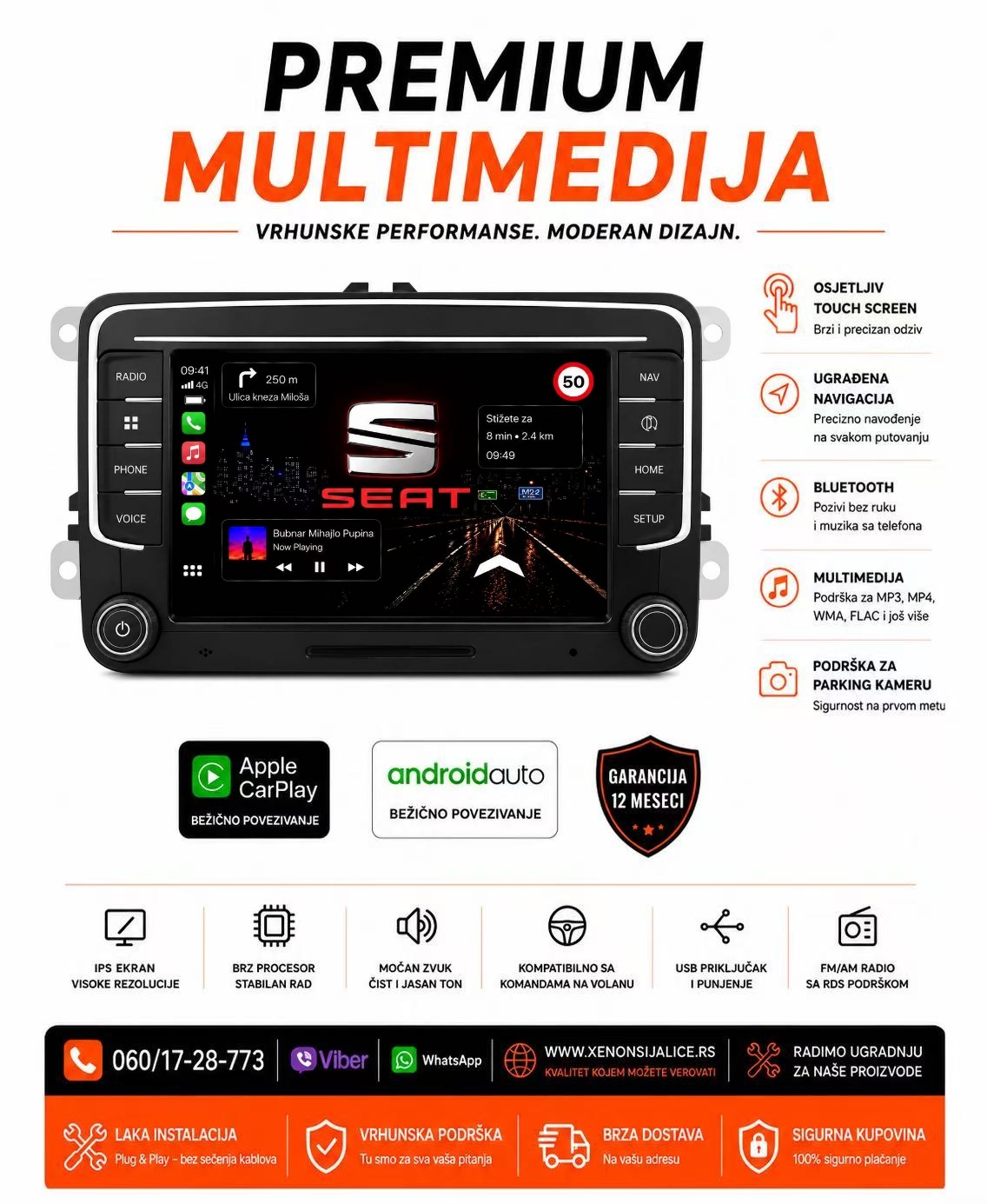 SEAT MULTIMEDIJA ANDROID,CAR PLAY NAVIGACIJA TOUCH SCREEN 7 INCA