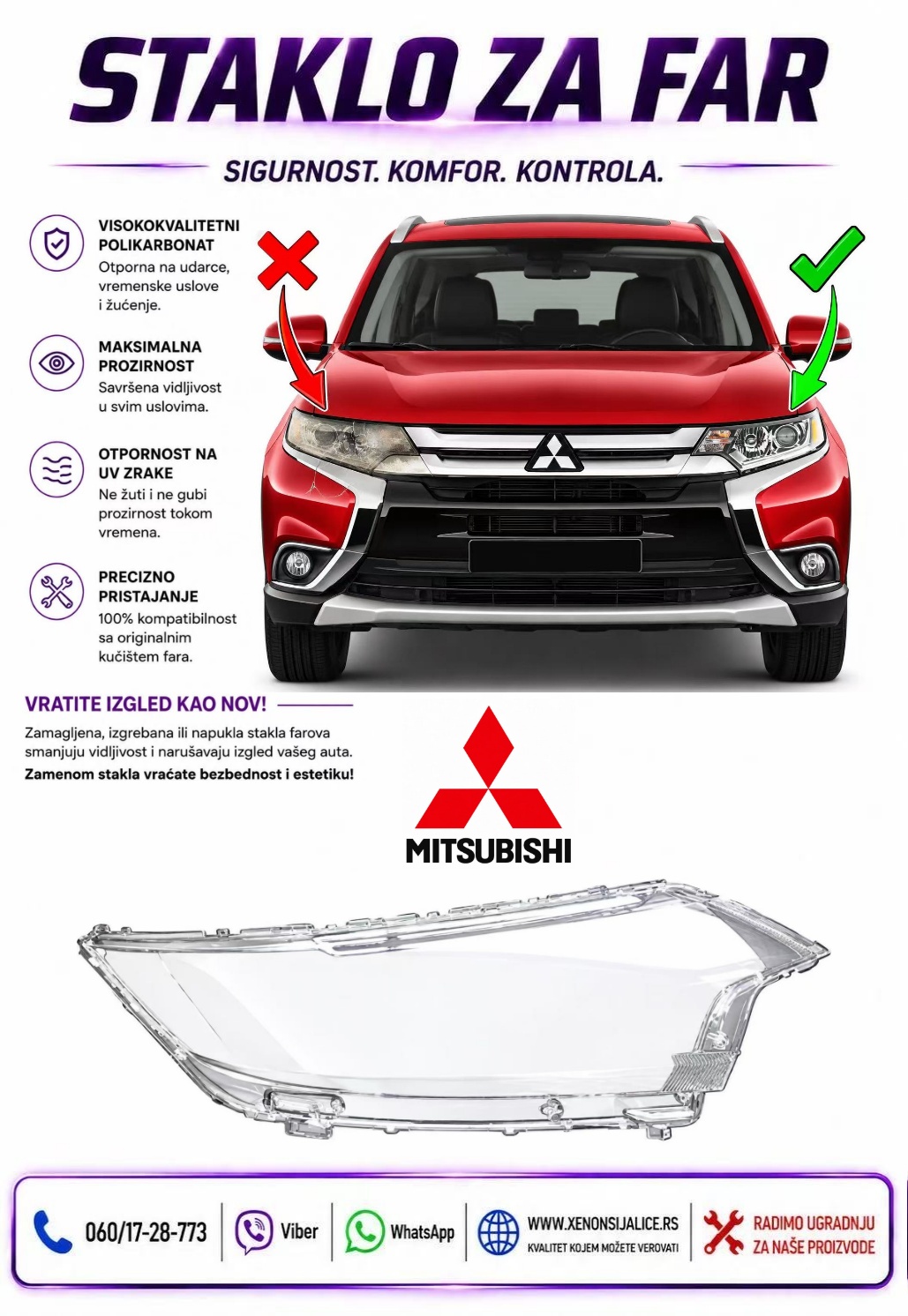 STAKLO FARA MITSUBISHI OUTLANDER 16-20 STAKLO ZA FAR