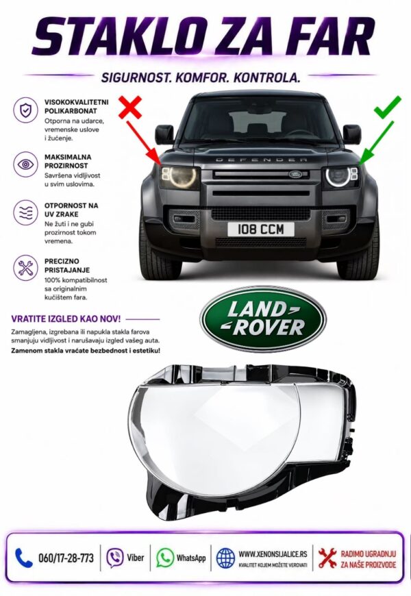 STAKLO FARA LAND ROVER RANGE ROVER DEFENDER 20-25 STAKLO ZA FAR