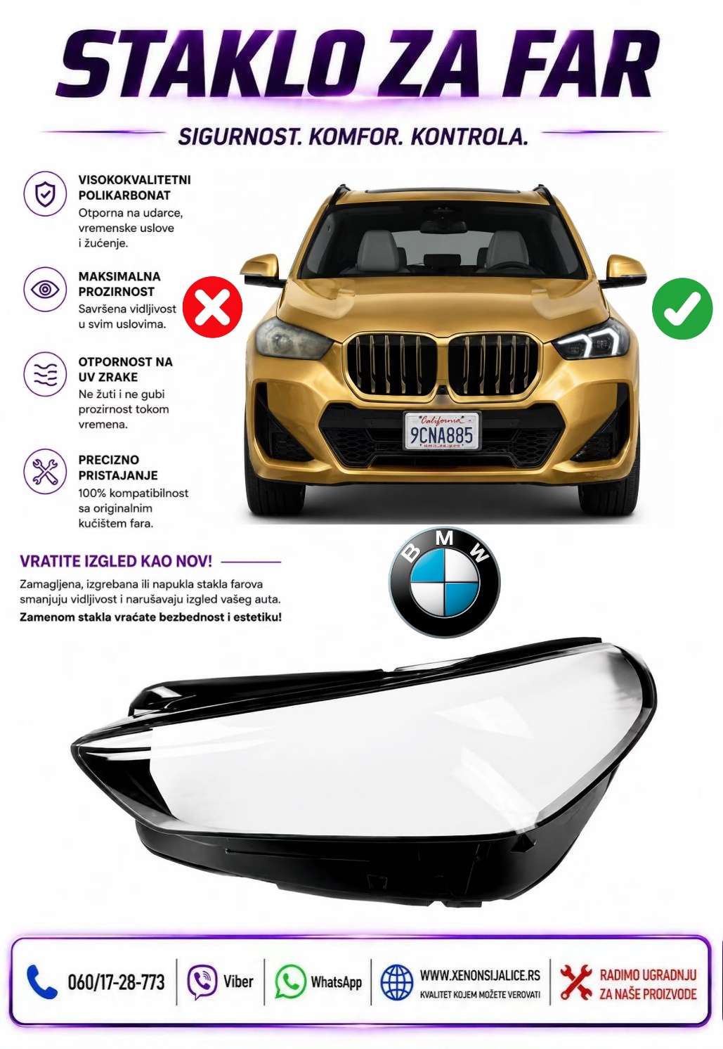 STAKLO FARA BMW X1 U11 22-26 STAKLO ZA FAR