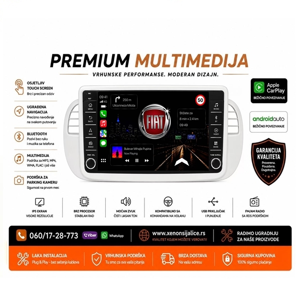 FIAT 500 MULTIMEDIJA ANDROID,CAR PLAY NAVIGACIJA TOUCH SCREEN 10 INCA