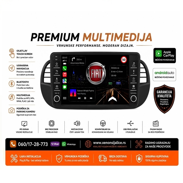 FIAT 500 MULTIMEDIJA ANDROID,CAR PLAY NAVIGACIJA TOUCH SCREEN 10 INCA