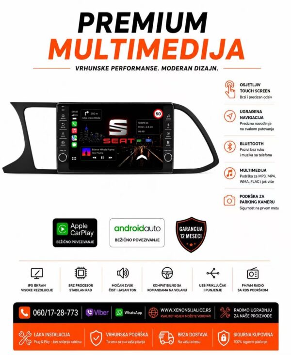 SEAT LEON NOVI TIP MULTIMEDIJA ANDROID,CAR PLAY NAVIGACIJA TOUCH SCREEN 10 INCA