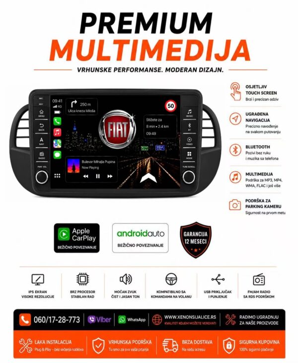FIAT 500 MULTIMEDIJA ANDROID,CAR PLAY NAVIGACIJA TOUCH SCREEN 10 INCA